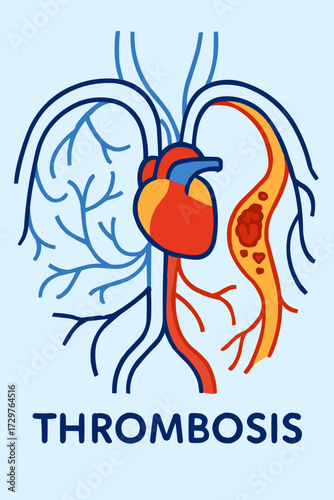 A flat vector illustration of a thrombosis clot in a stylized circulatory system, designed for medical posters
