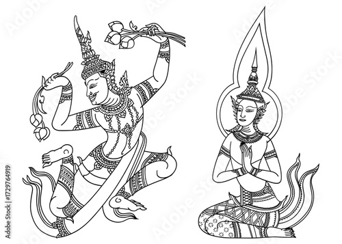 Thai deity illustration featuring divine figures with ornate crowns and traditional regalia in black line art style