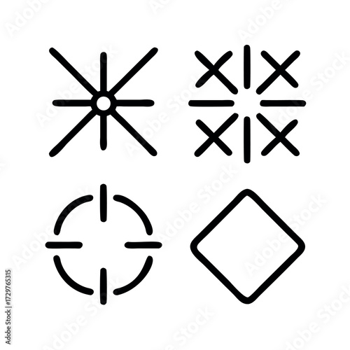 Four hand drawn geometric symbols including a starburst target square and diamond