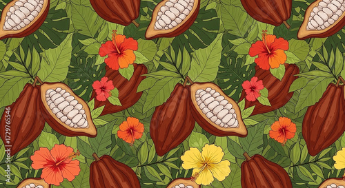 Seamless Cocoa Pods with Tropical Leaves Vector Pattern