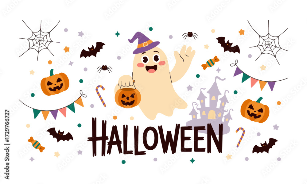 Naklejka premium Scalable vector illustration themed around Halloween playful cartoon-style elements, Halloween vector set stock illustration, easily editable.