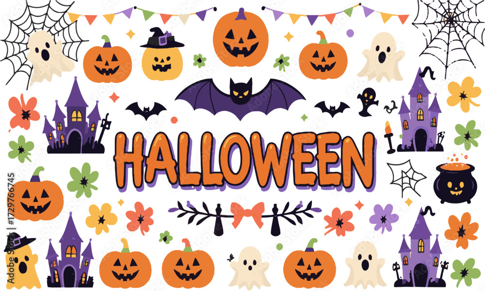 Fototapeta premium Scalable vector illustration themed around Halloween playful cartoon-style elements, Halloween vector set stock illustration, easily editable.