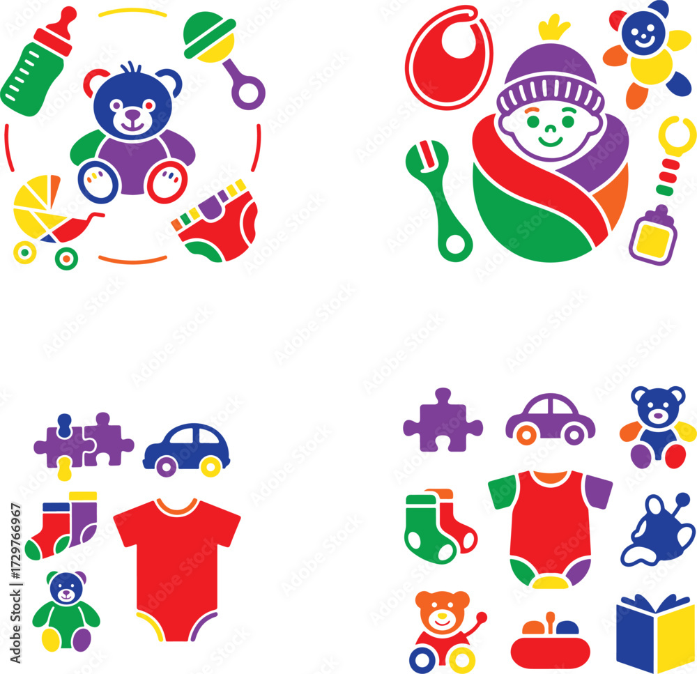 Fototapeta premium Colorful baby items and toys teddy bear bottle