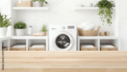 Mockup for design of empty wooden table in laundry room