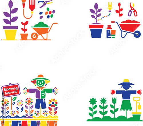 Colorful garden icons with plants and scarecrows pots