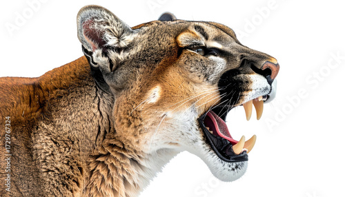 Close-up of a cougar's head and neck, mouth open in a roar