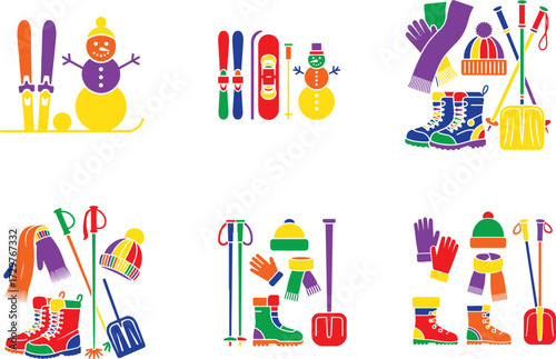 Winter sports gear and snowmen skis