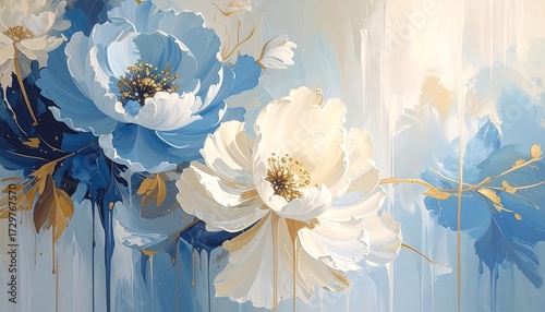 Abstract floral painting in blues and creams