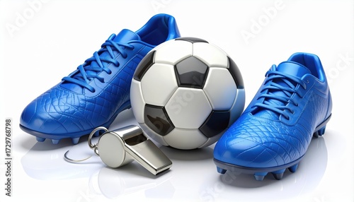 Professional football equipment arrangement, comprising a black and white patterned soccer ball, blue soccer cleats, and a shiny silver whistle, presented on a reflective white surface, suggesting...