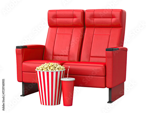 Two red cinema seats with popcorn and drink