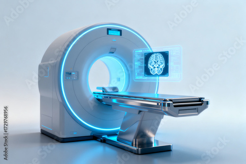 Modern MRI scanner with illuminated ring and brain scan display