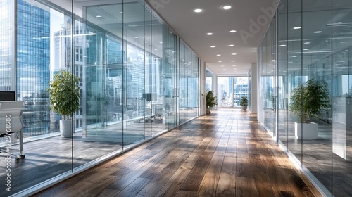 Wallpaper Mural Sunlit Modern Office Corridor with Glass Walls and Wood Floor Interior Architectural Design Torontodigital.ca
