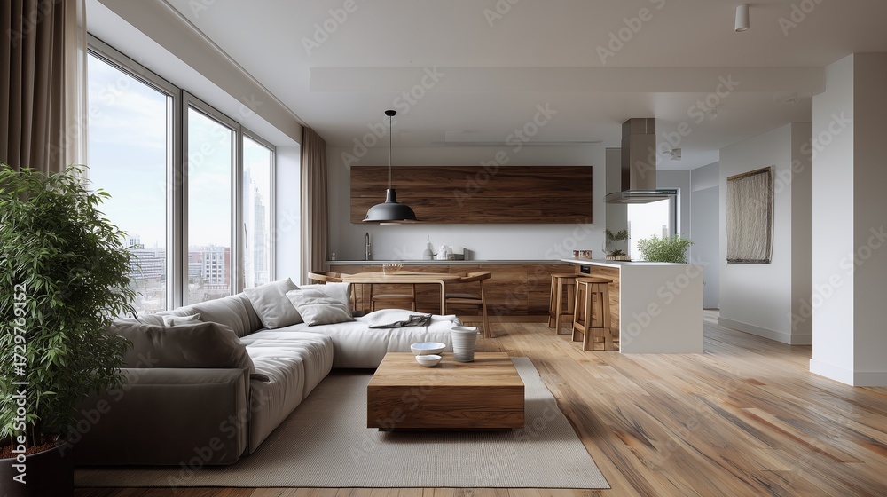 Fototapeta premium Modern Interior Design: This image captures a sleek, modern living space, showcasing a seamless blend of a living room and kitchen, emphasized by natural light and clean lines. 