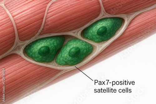 Microscopic view of Pax7-positive satellite cells nestled within muscle fibers, illustrating a key component of muscle regeneration and growth.