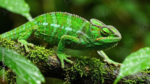 Majestic iguana basking on a weathered volcanic rock, heat shimmering around its powerful form, set against a vast, untouched arid landscape under a clear sky. no data