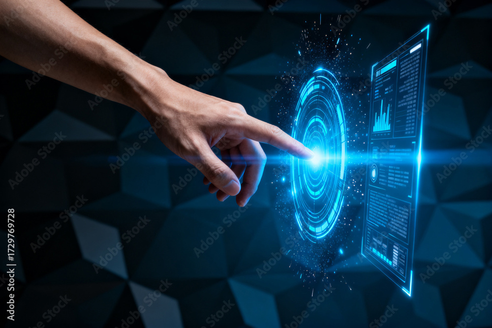 Naklejka premium Hand interacting with a futuristic holographic interface displaying data and graphs
