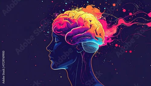 A profile illustration of a person with an abstract, brightly colored brain emitting particles and flowing lines