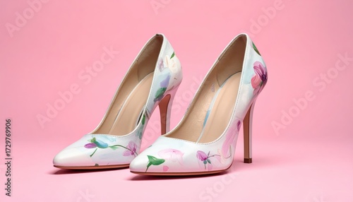 Elegant pair of high-heeled shoes featuring a floral design, showcasing pastel tones of pink, blue, and purple on a white surface.
