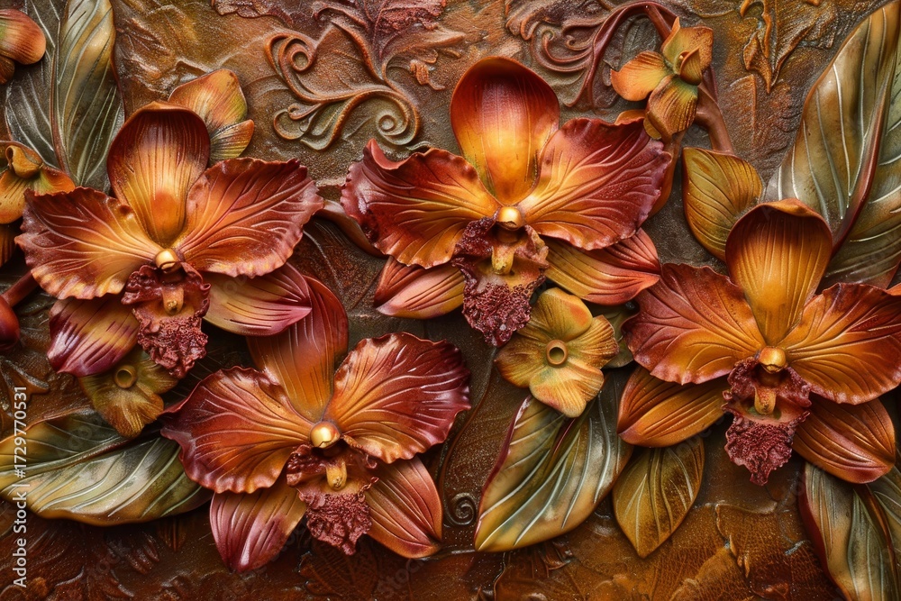 Fototapeta premium Ornate leather relief sculpture displays detailed, embossed orchids in warm autumnal tones against a textured background.
