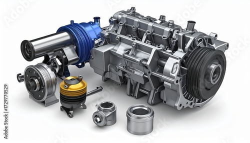 Detailed and accurate depiction of a complex mechanical system featuring a collection of metallic components, including a detailed engine block and a turbine assembly with various connected parts,...