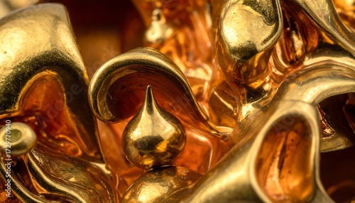 Macro close-up of a decorative, ornate golden sculpture, featuring swirling, curved shapes with high reflectivity and detailed textures. A small bud-like element is in focus