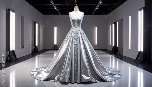 A stunning silver gown, exquisitely detailed, is displayed on a mannequin within a sleek, minimalist gallery setting, illuminated by vertical, bright lights, creating a dramatic visual contrast of...