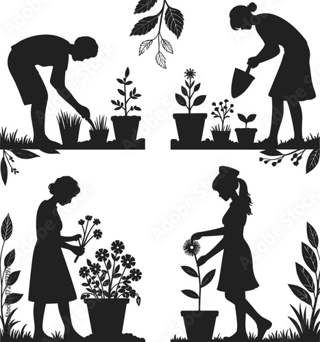 Gardening people silhouettes, planting watering trimming flowers, garden work vector, nature care illustration, farming activity design, black design elements, outdoor lifestyle