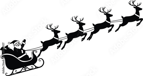Santa Claus sleigh silhouette, four reindeer flying, Christmas holiday vector, festive winter illustration, black and white design, seasonal celebration, holiday tradition, decoration