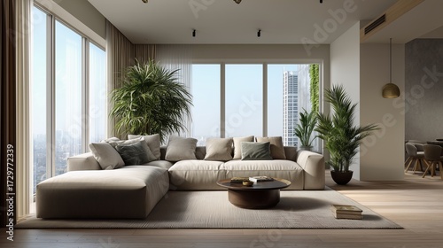 Serene Living Room Interior Design: A contemporary living space, flooded with natural light.