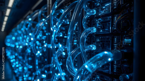 Liquid Cooling System in Data Center, Server Rack with Glowing Blue Hoses, Futuristic Supercomputer Technology
