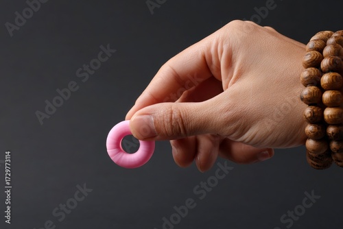 A hand holds a pink ring candy adorned with a beaded bracelet