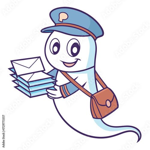 Animated ghost dressed as mail carrier cheerfully holds a stack of envelopes and transparent background