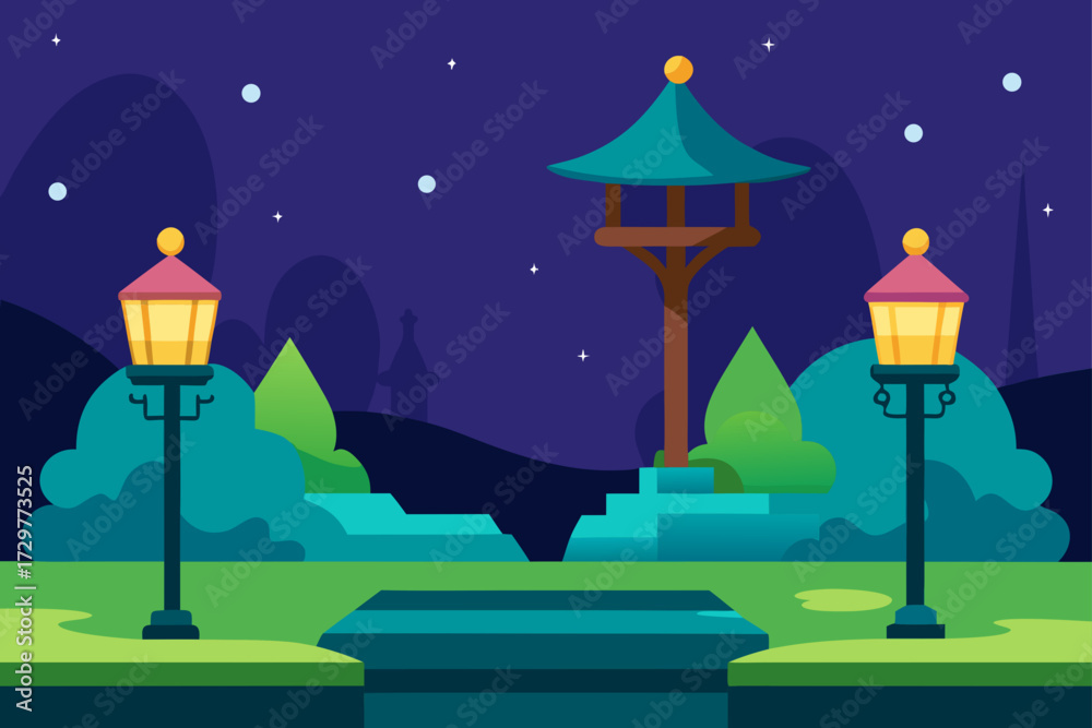 Fototapeta premium Peaceful night park scene with illuminated lanterns and a pagoda tower under a starry sky