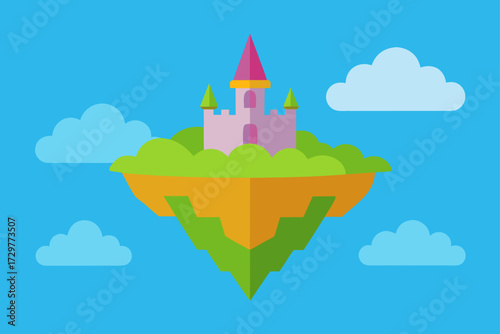 Whimsical floating island castle with pink towers and green hills surrounded by fluffy clouds against a bright blue sky