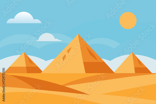 Stylized illustration of the egyptian pyramids in the desert under a bright sun and blue sky with clouds