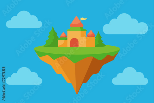 Whimsical cartoon castle perched on a vibrant green floating island surrounded by fluffy clouds against a bright blue sky