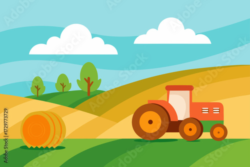 A charming cartoon illustration of a red tractor parked in a vibrant green field with rolling hills a haystack and fluffy clouds under a bright blue sky