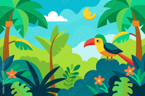 Vibrant cartoon toucan perched on a rock in a lush tropical jungle with palm trees and exotic flowers under a bright blue sky with a crescent moon