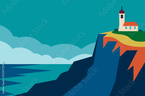 Stylized illustration of a lighthouse on a cliff overlooking the ocean with clouds and geometric shapes