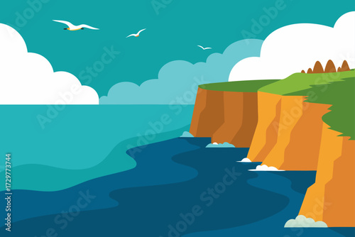 Stylized flat illustration of a coastal cliff face meeting the turquoise ocean with white clouds and flying seagulls in a clear blue sky