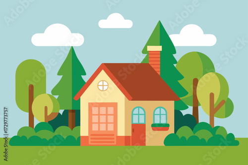 Charming cartoon house with a red roof surrounded by lush green trees and fluffy white clouds in a serene blue sky