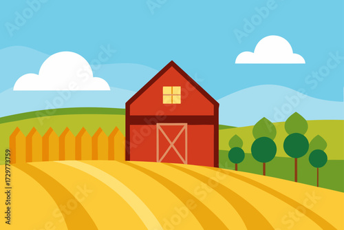 A vibrant cartoon illustration of a red barn with a wooden fence and golden fields under a bright blue sky with fluffy white clouds