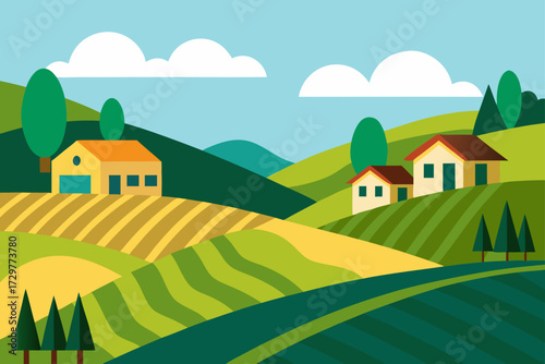 Idyllic countryside landscape with rolling hills farms trees and fluffy clouds under a clear blue sky