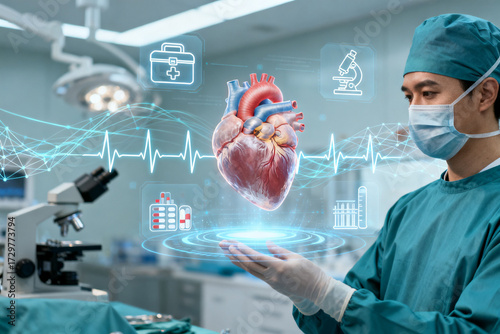 Surgeon examining a digital heart model in a high-tech medical environment with holographic data overlays