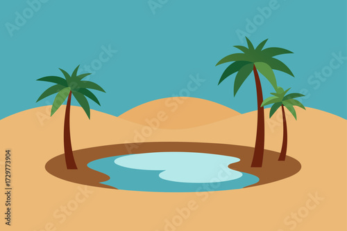 A vibrant desert oasis scene featuring three palm trees surrounding a clear blue pool of water with rolling sand dunes under a bright blue sky