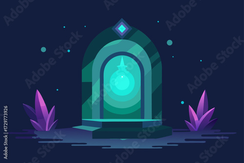 Mysterious glowing portal archway with purple crystals and floating orbs in a dark fantasy landscape