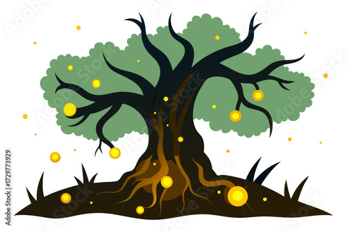 Whimsical cartoon illustration of a large ancient tree with glowing yellow orbs scattered around its exposed roots and branches set against a white background