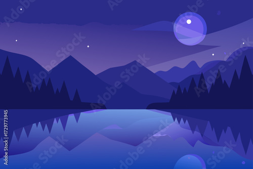 Serene minimalist landscape with purple mountains a calm lake reflecting the night sky and a large glowing moon