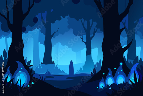 Enchanting blue forest landscape with glowing magical plants and silhouetted trees under a twilight sky