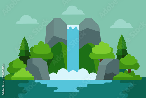 A serene flat design illustration of a majestic waterfall cascading down rocky mountains surrounded by lush green trees and fluffy clouds